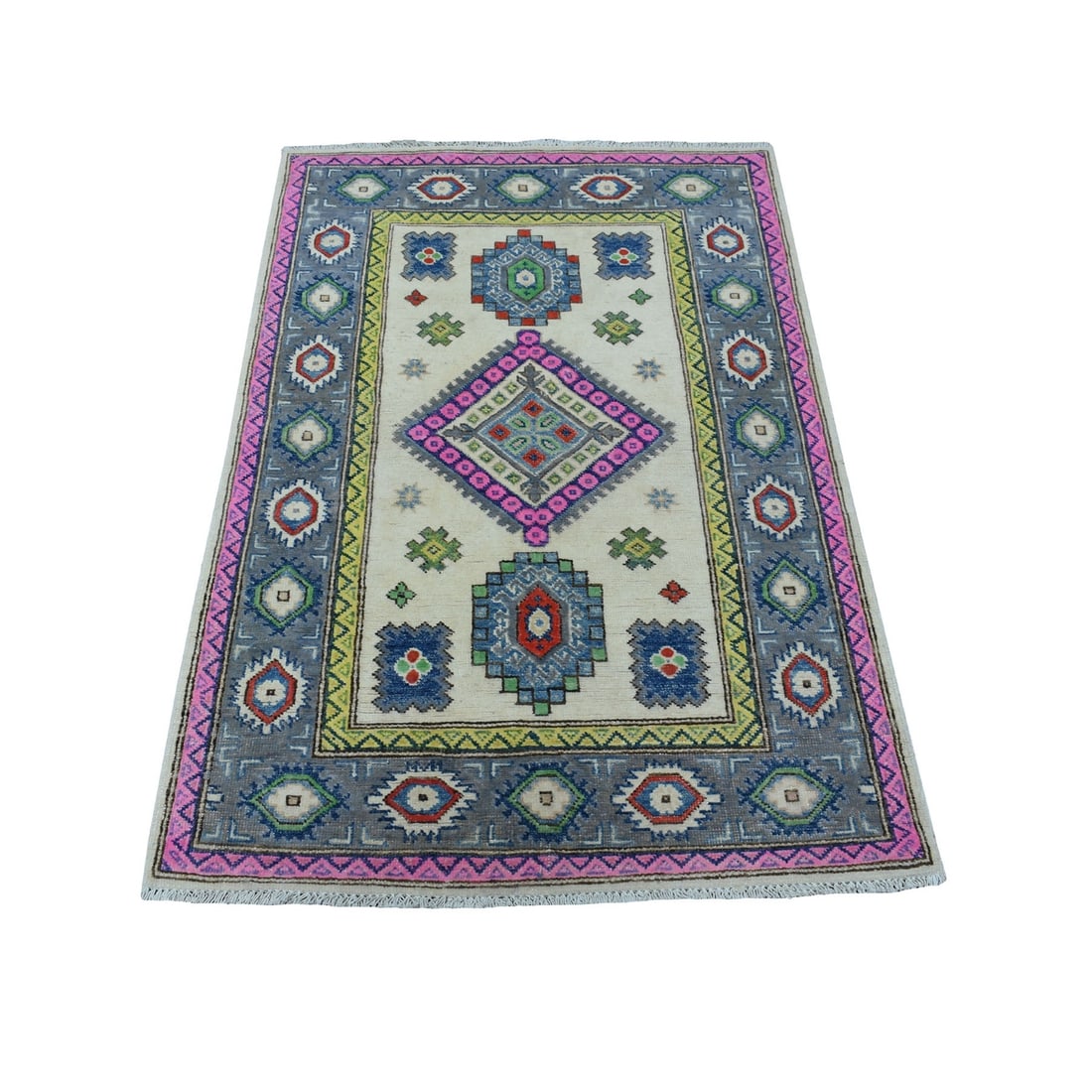 3'1"x4'9" Colorful Ivory Fusion Kazak Pure Wool Hand Knotted Oriental Rug: 3'1"x4'9" Colorful Ivory Fusion Kazak Pure Wool Hand Knotted Oriental Rug This hand-knotted Kazak pure wool rug boasts a stunning ivory color with intricate regional design, set against a rectangular