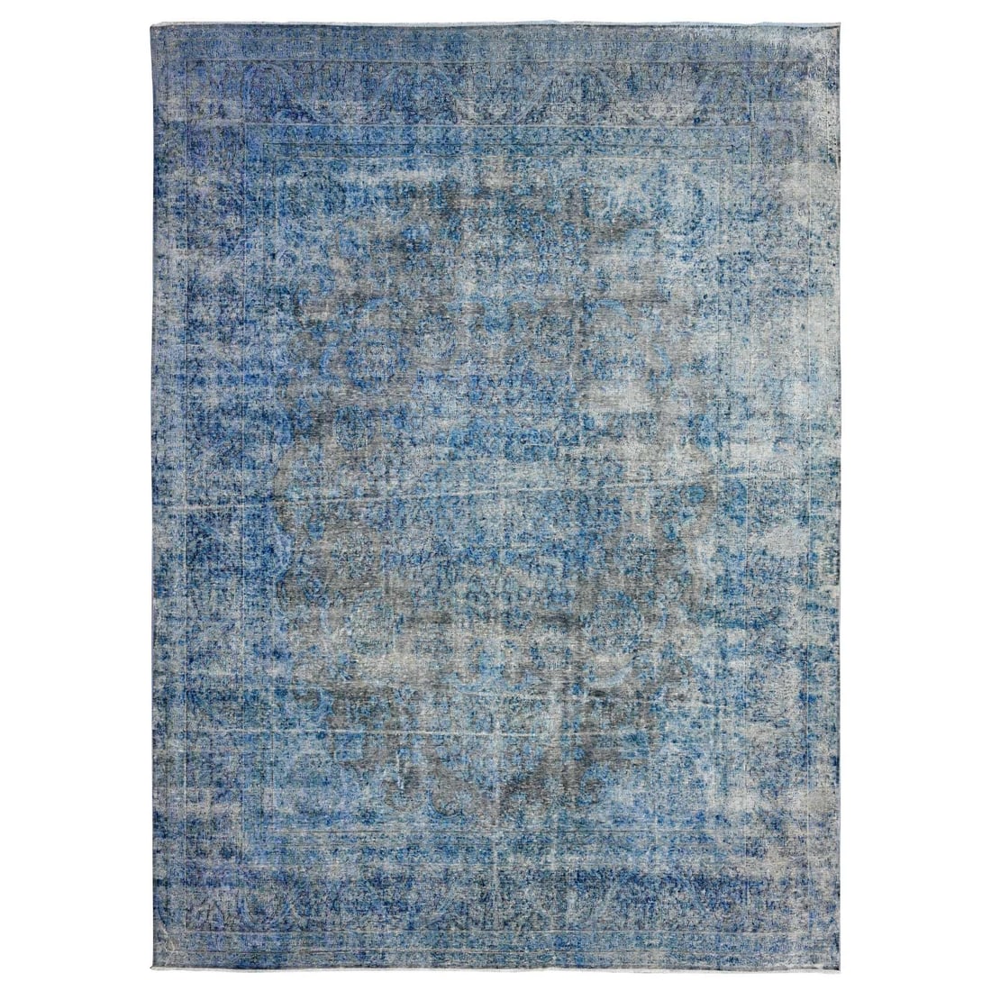 9'7"x13'1" Bayern Blue Overdyed Vintage Zoroastrian Karman Oriental Rug: 9'7"x13'1" Bayern Blue Overdyed Vintage Zoroastrian Karman Oriental Rug The Bayern Blue Overdyed Vintage Zoroastrian Karman Oriental Rug boasts an impressive rectangular field with intricate blue and 