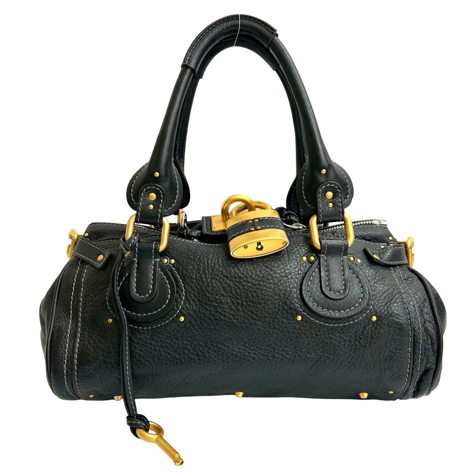Bag Handbag Boston Leather Tote Chlo: Bag Handbag Boston Leather Tote Chlo Black leather Boston tote bag from Chlo, featuring a classic design with a 19cm x 35cm x 18cm size. The bag shows traces of usage with scratches and dirt, but