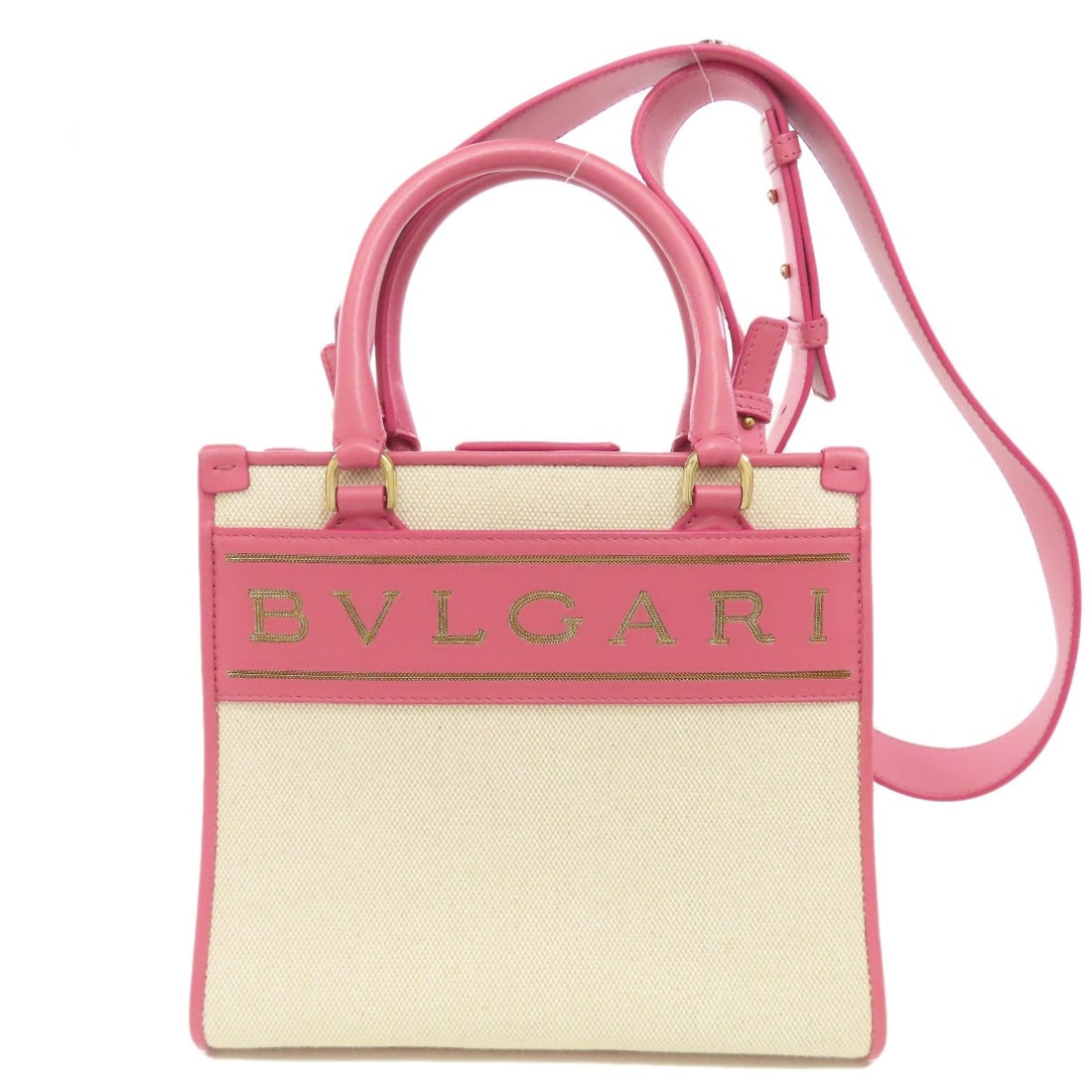 Canvas 2Way Handbag Bvlgari: Canvas 2Way Handbag Bvlgari Canvas 2Way Handbag Bvlgari. This pink canvas handbag features a striking design with a signature, and bears the BVLGARI brand name. The exterior material is made of