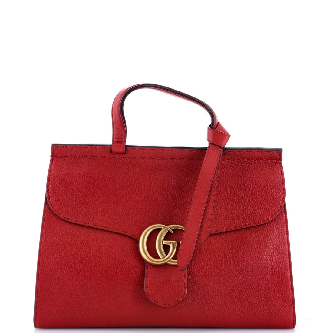 Gucci GG Marmont Leather Bag Medium Top Handle: Gucci GG Marmont Leather Bag Medium Top Handle Red Gucci GG Marmont Leather Bag in Medium Size. This top handle bag features scuffs, creases on the exterior and interior, with a light odor and minor s