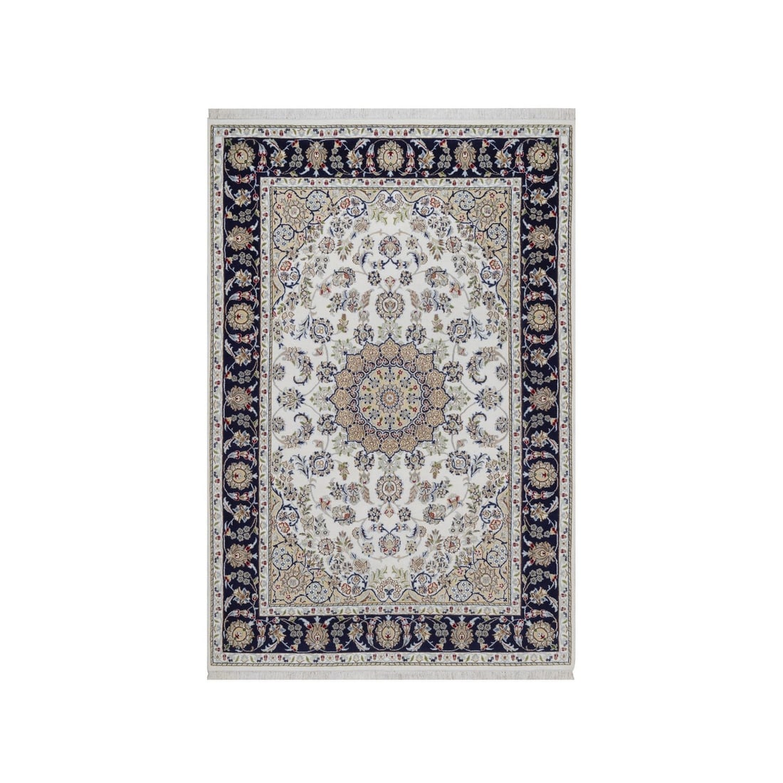 2'2"x3'2" Ivory Nain Hand Knotted 250 KPSI Wool & Silk 250 KPSI Mat Rug: 2'2"x3'2" Ivory Nain Hand Knotted 250 KPSI Wool & Silk 250 KPSI Mat Rug Hand-knotted with wool and silk, this 2'2"x3'2" Nain-style rug boasts an intricate medallion pattern in ivory and subtle accents
