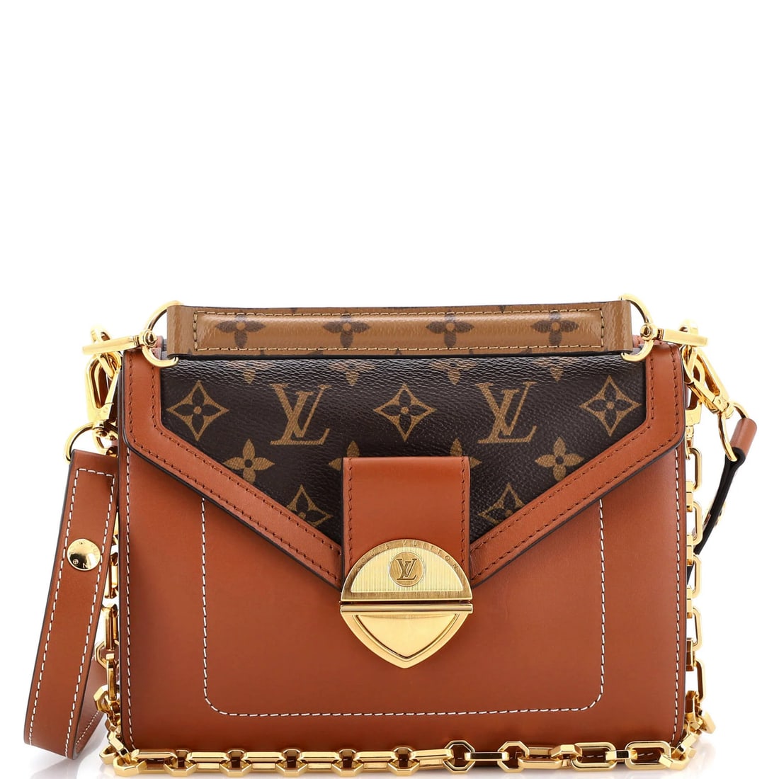 Handbag Leather and Canvas Biface Louis Vuitton Monogram Reverse: Handbag Leather and Canvas Biface Louis Vuitton Monogram Reverse Brown Canvas Coated Leather Biface Louis Vuitton Monogram Reverse Handbag with Chain Strap and Extra Strap. This unique shoulder bag fe