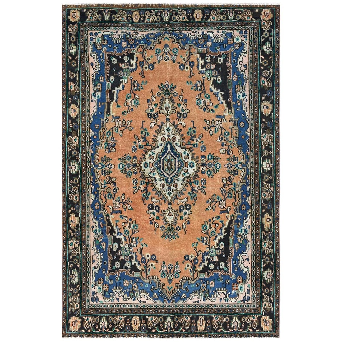 6'6"x9'10" Orange Vintage Farsian Babikoodid Worn Wool Hand Knotted Rug: 6'6"x9'10" Orange Vintage Farsian Babikoodid Worn Wool Hand Knotted Rug The vibrant orange hue of this hand-knotted rug sets the tone for its unique, worn wool texture and rectangular field design. Ma