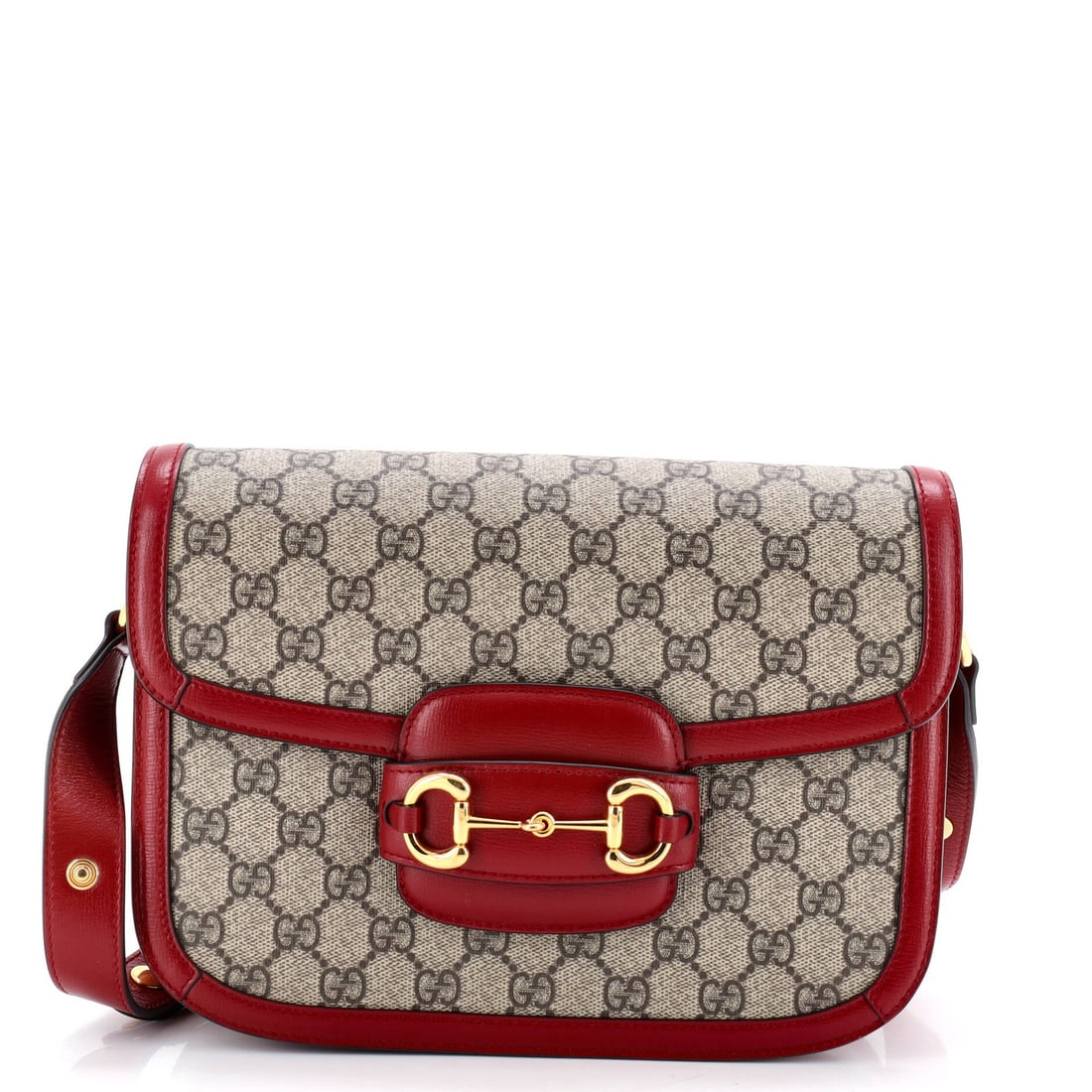 Gucci Horsebit Small Coated Canvas GG Leather Bag With Shoulder 1955: Gucci Horsebit Small Coated Canvas GG Leather Bag With Shoulder 1955 Small Gucci Horsebit Cross Body Bag in Red and Brown, featuring canvas coated leather exterior with gold hardware. This iconic 1955