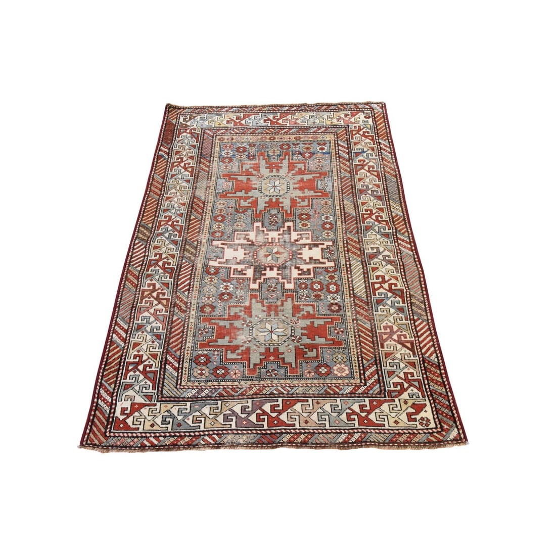 3'5"x5'1" Misty Gray Antique Caucasian Rug Even Wear Wool Hand Knotted: 3'5"x5'1" Misty Gray Antique Caucasian Rug Even Wear Wool Hand Knotted Misty Gray Antique Caucasian Rug boasts an intricate geometric pattern, characteristic of Oriental design. Hand-knotted from high