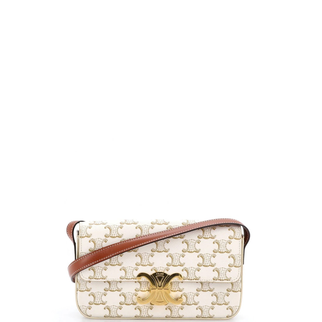 Celine Triomphe East-West Shoulder Bag Triomphe Coated Canvas: Celine Triomphe East-West Shoulder Bag Triomphe Coated Canvas The Celine Triomphe East-West Shoulder Bag in brown canvas coated exterior features a classic design with clean lines and a timeless