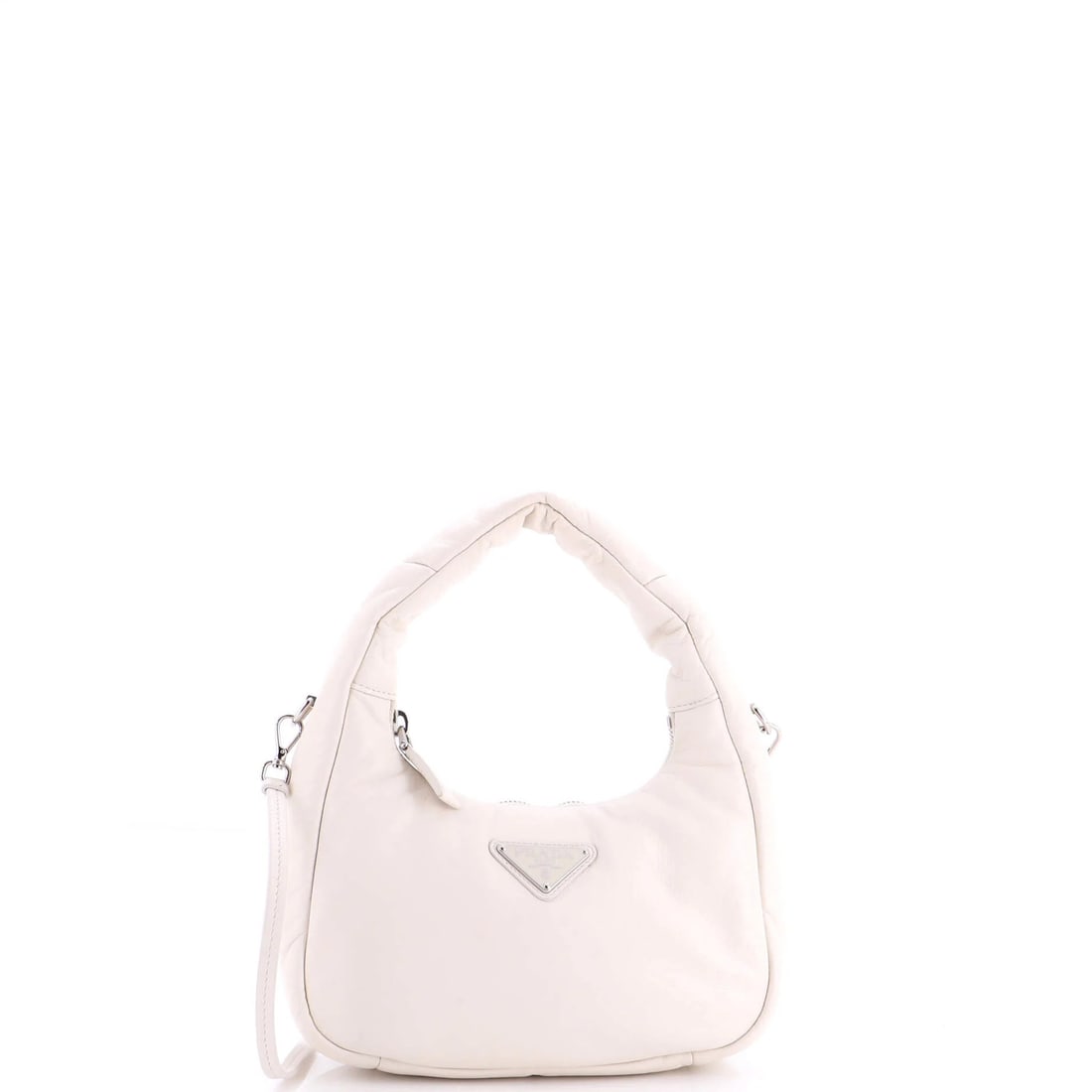 Hobo Leather Padded Mini By Prada: Hobo Leather Padded Mini By Prada White leather exterior, silver hardware, and padded interior define the Prada Hobo Leather Mini. Measuring 5" tall, 9" wide, and 2.5" deep, this compact bag features