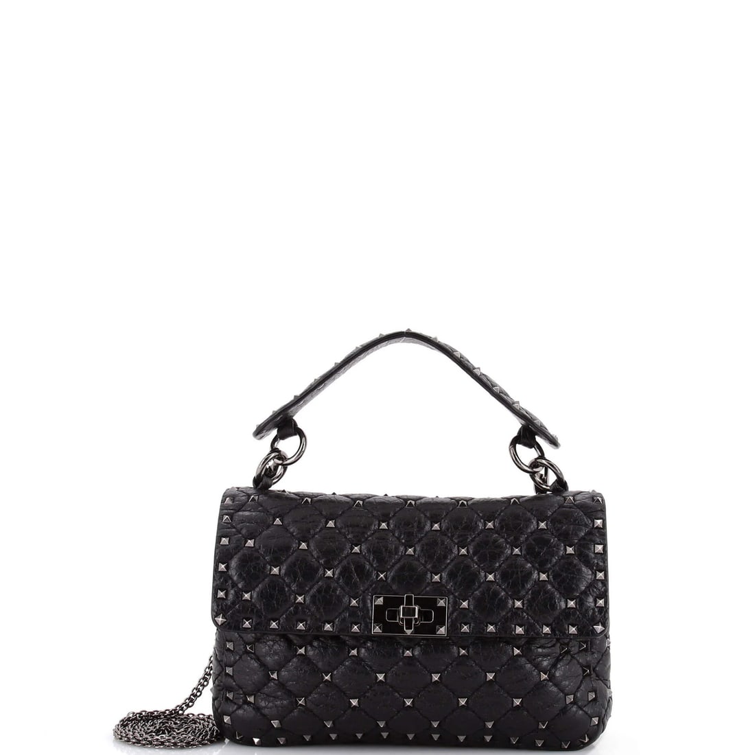 Valentino Garavani Rockstud Spike Flap Bag Quilted Leather Medium: Valentino Garavani Rockstud Spike Flap Bag Quilted Leather Medium Black quilted leather medium cross body bag with silver hardware, featuring the iconic Rockstud Spike design. Measuring 6" high and