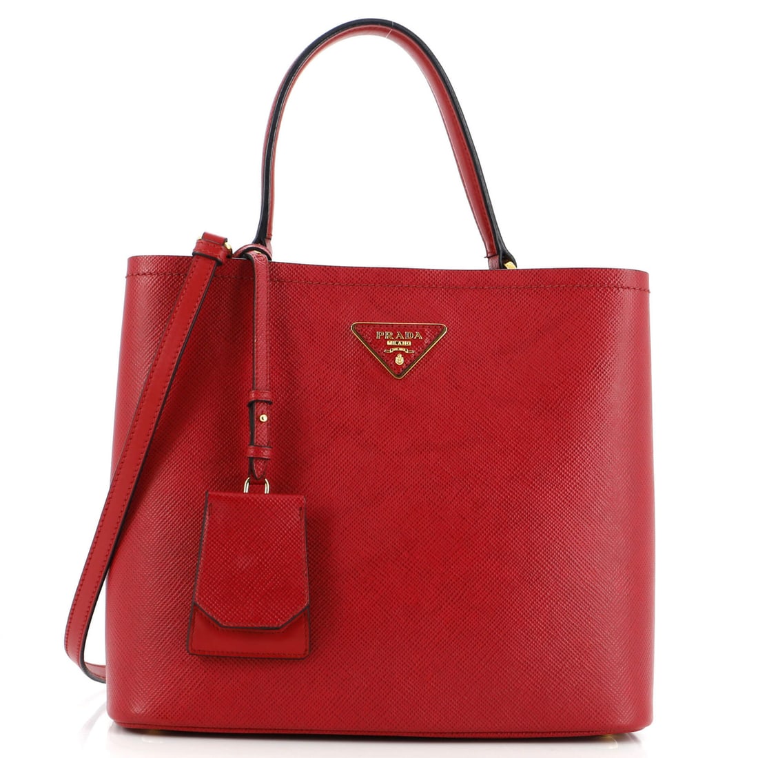 Prada Panier Bucket Bag Saffiano Leather Large: Prada Panier Bucket Bag Saffiano Leather Large Red Prada Panier Bucket Bag Saffiano Leather Large features a bold exterior color and premium leather construction. With its large size, gold hardware,