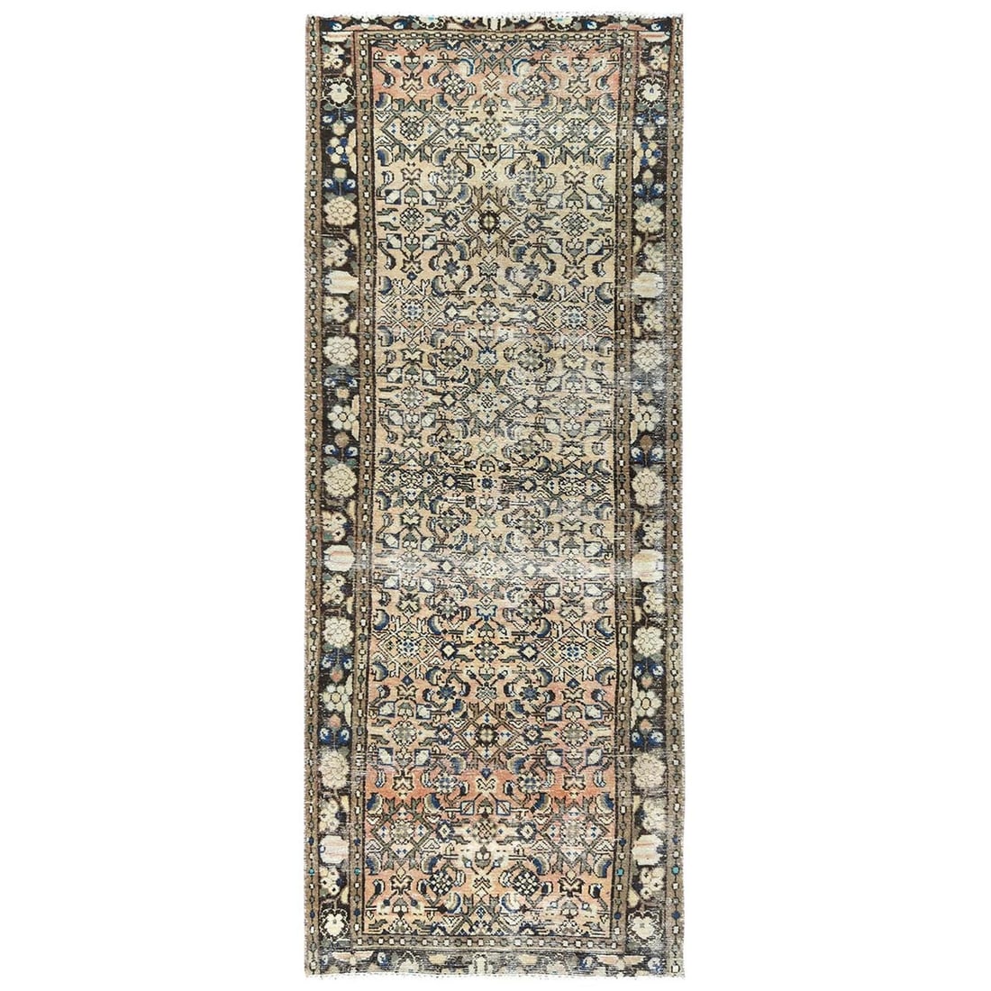 3'5"x9'2" Beige Hand Old Vintage Farsian Amadan Worn Down Wool Runner Rug: 3'5"x9'2" Beige Hand Old Vintage Farsian Amadan Worn Down Wool Runner Rug This vintage Farsian Amadan rug boasts a unique, worn-down beauty with its 3'5"x9'2" dimensions and beige color. Made from 100