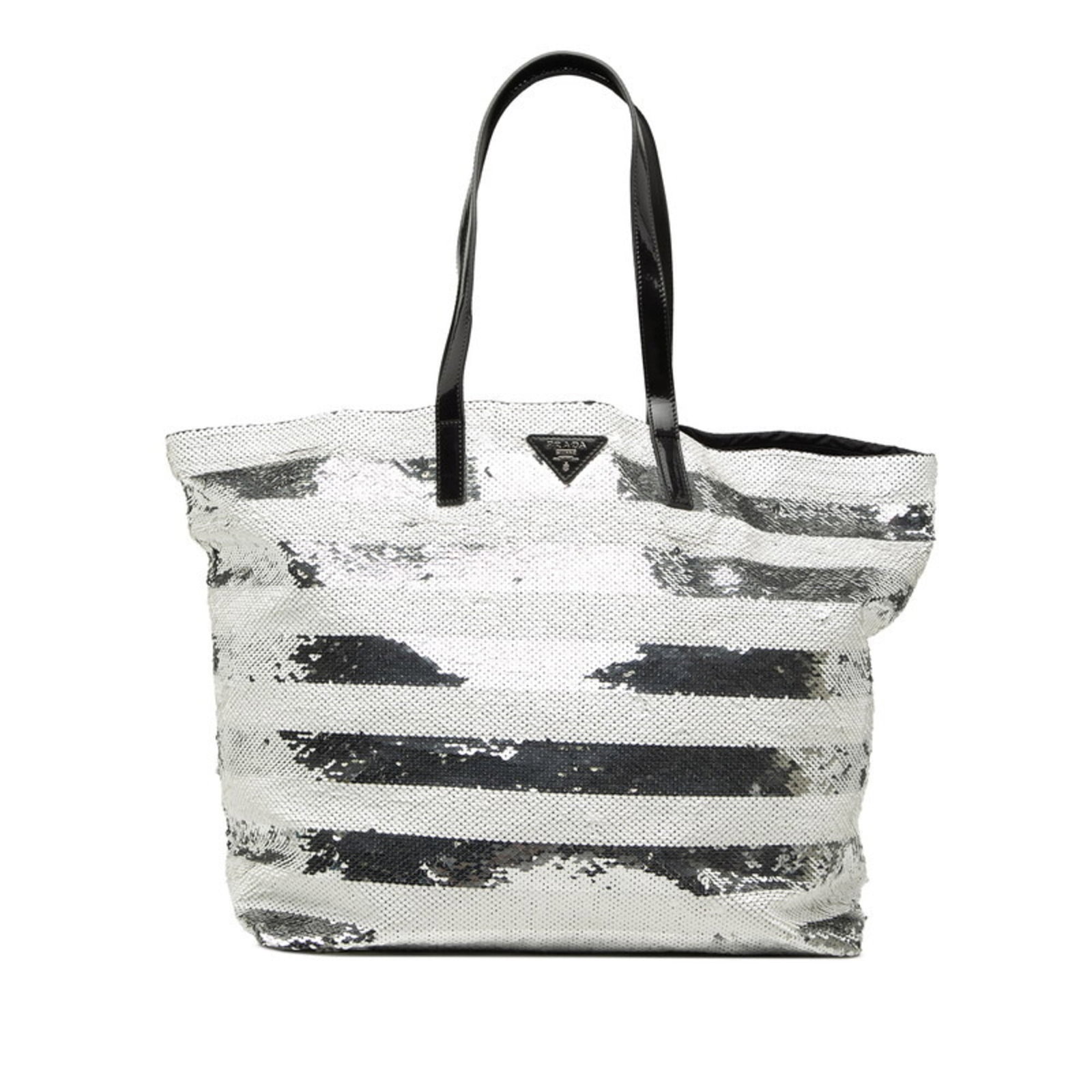 Spangles shoulder bag tote Prada: Spangles shoulder bag tote Prada Spangles shoulder bag tote in silver and white, with a unique Spangles material. The bag measures 34cm x 35.5cm x 19cm and features traces of usage with scratches and