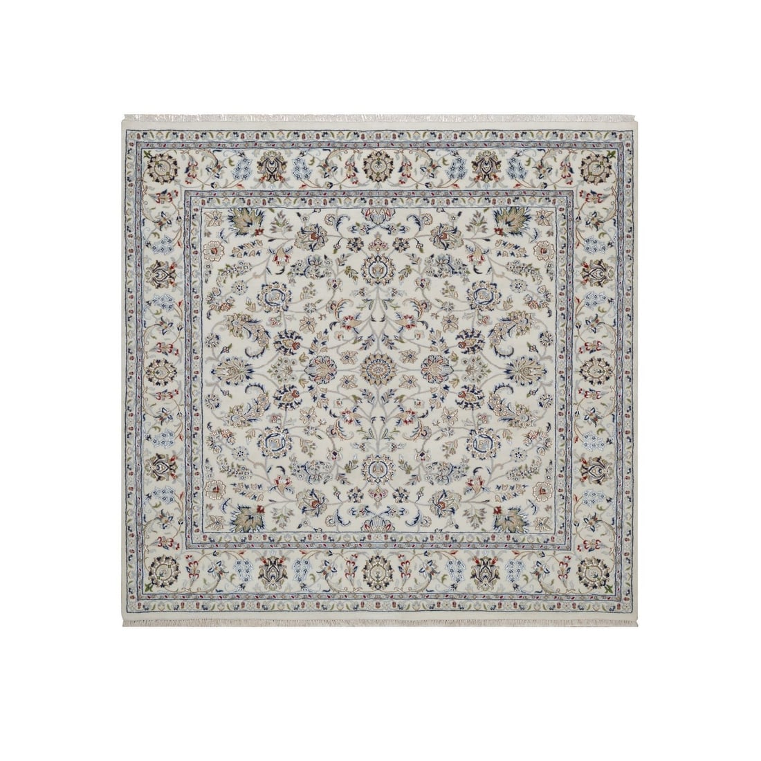 Ivory Nain All Over Design Square Rug 6'10" Wool Silk Hand Knotted: Ivory Nain All Over Design Square Rug 6'10" Wool Silk Hand Knotted Hand-knotted with wool and silk, this stunning ivory Nain all-over design square rug boasts an intricate regional pattern in red, nav