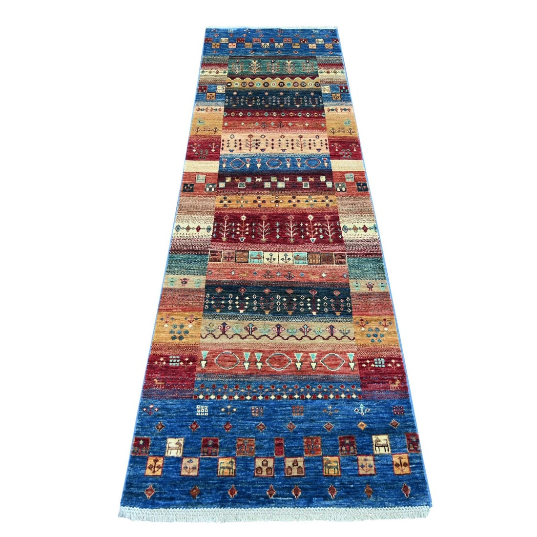 2'5"x8'3" Colorful Kashkuli Animal Figurines Hand Knotted Wool Runner Rug: 2'5"x8'3" Colorful Kashkuli Animal Figurines Hand Knotted Wool Runner Rug Colorful Kashkuli Animal Figurines Hand Knotted Wool Runner Rug, measuring 2'5"x8'3" and boasting an all-over regional design