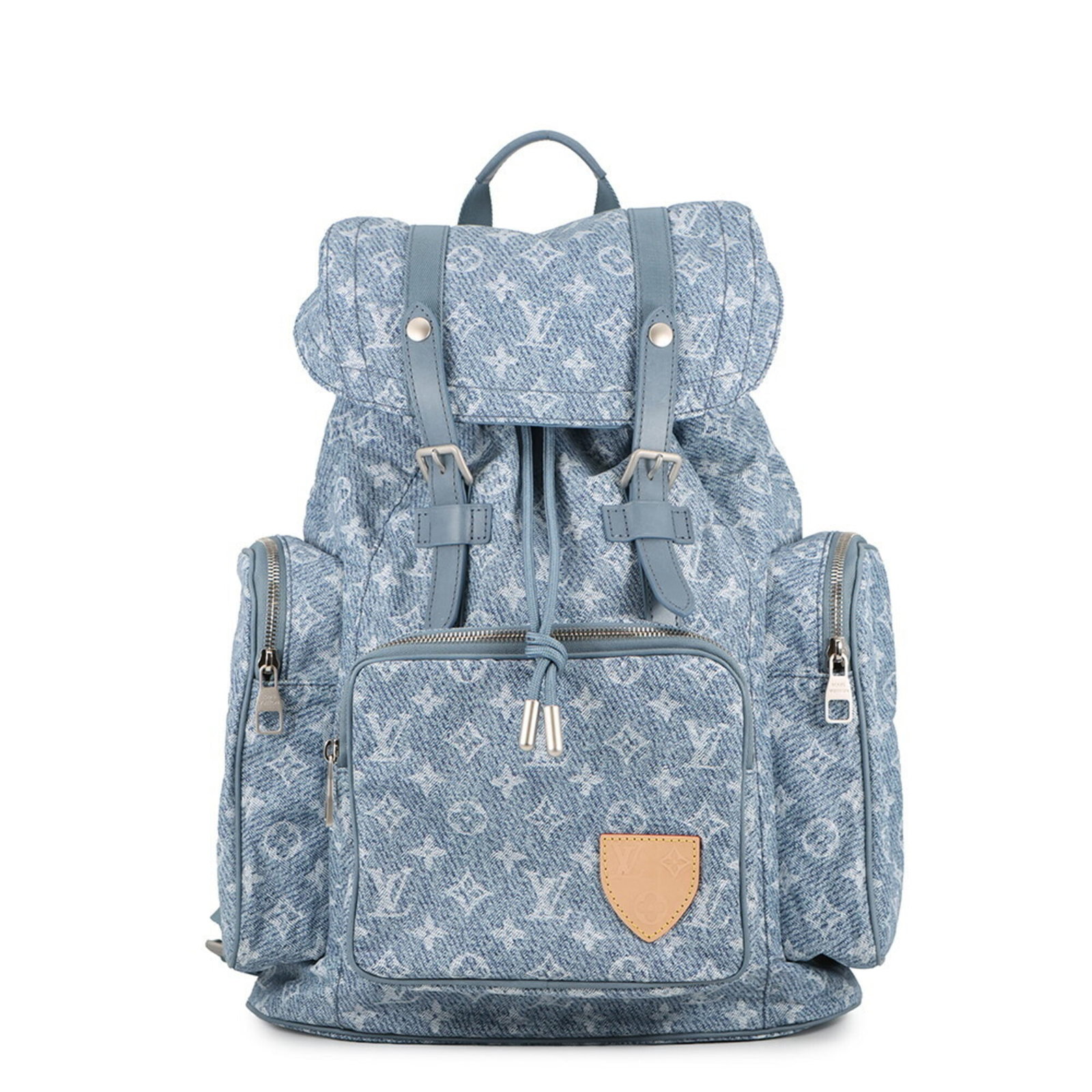 Nylon Denim Leather Backpack Louis Vuitton: Nylon Denim Leather Backpack Louis Vuitton Nylon, denim, and leather come together in this iconic Louis Vuitton backpack. Measuring 50cm x 33cm x 11.5cm, it features a flap closure and weighs