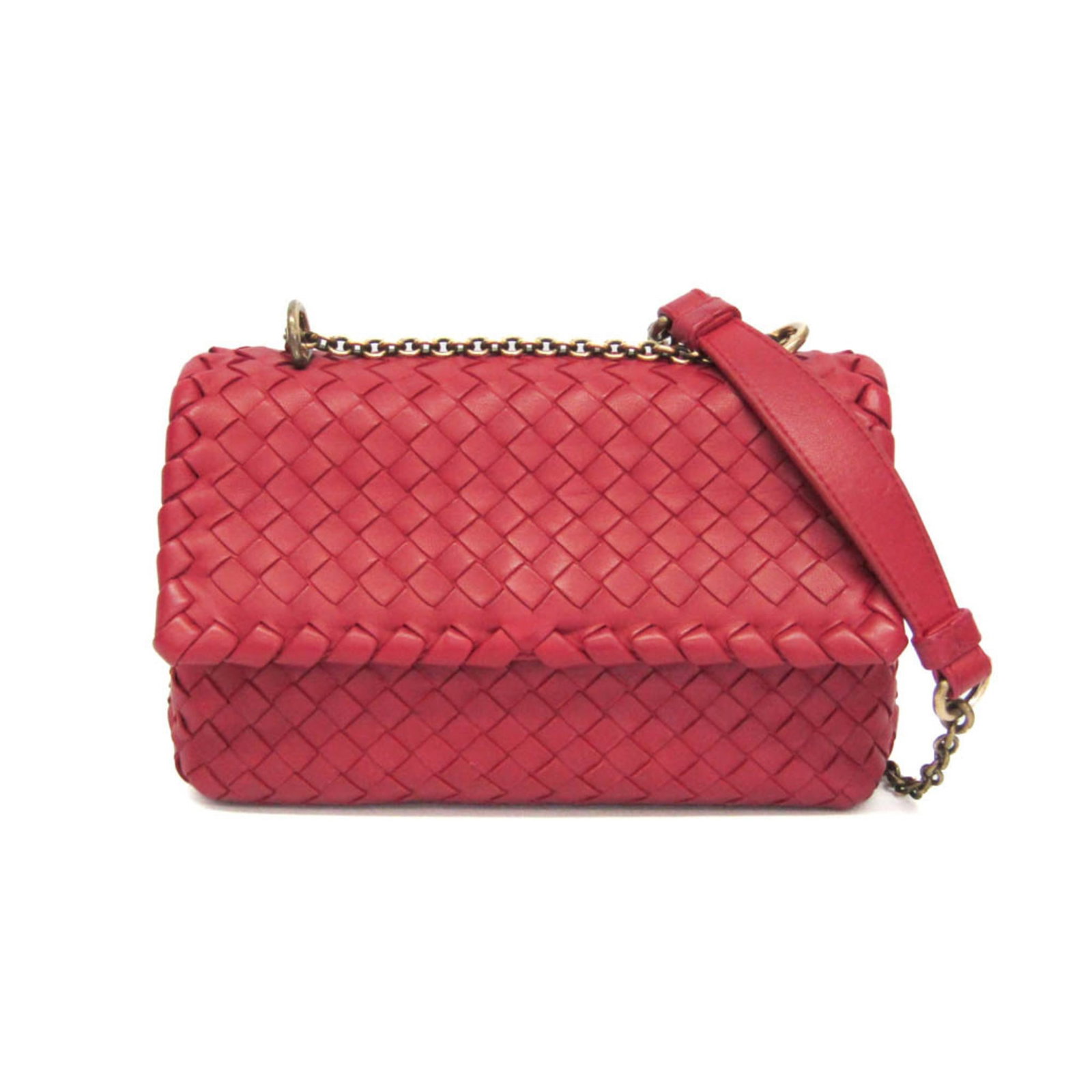 Leather shoulder bag from Bottega Veneta: Leather shoulder bag from Bottega Veneta Red Bottega Veneta leather shoulder bag with magnetic snap closure, featuring an open pocket and adjustable strap length. The bag has some minor scratches and