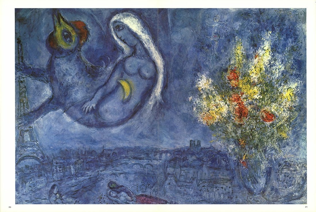 MARC CHAGALL Bouquet of Flowers Above Paris 15" x 22" Poster 1969 Modernism Blue (1 of 1)