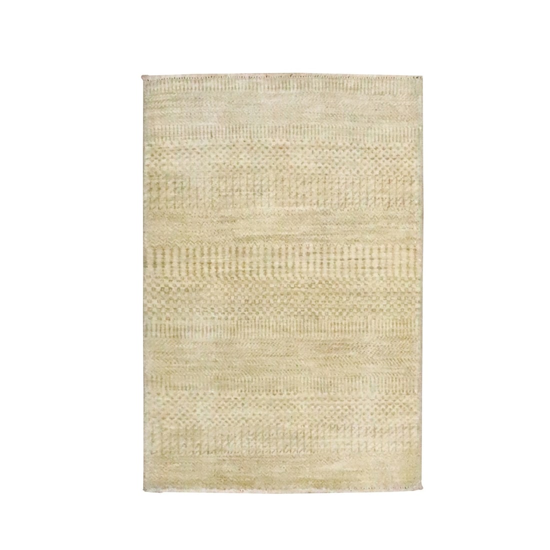 2'x3' Beige Modern Grass Design Hand Knotted Wool with Silk Small Mat Rug: 2'x3' Beige Modern Grass Design Hand Knotted Wool with Silk Small Mat Rug Modern and elegant, this beige wool with silk small mat rug boasts a striking field design in a rectangular shape. Hand