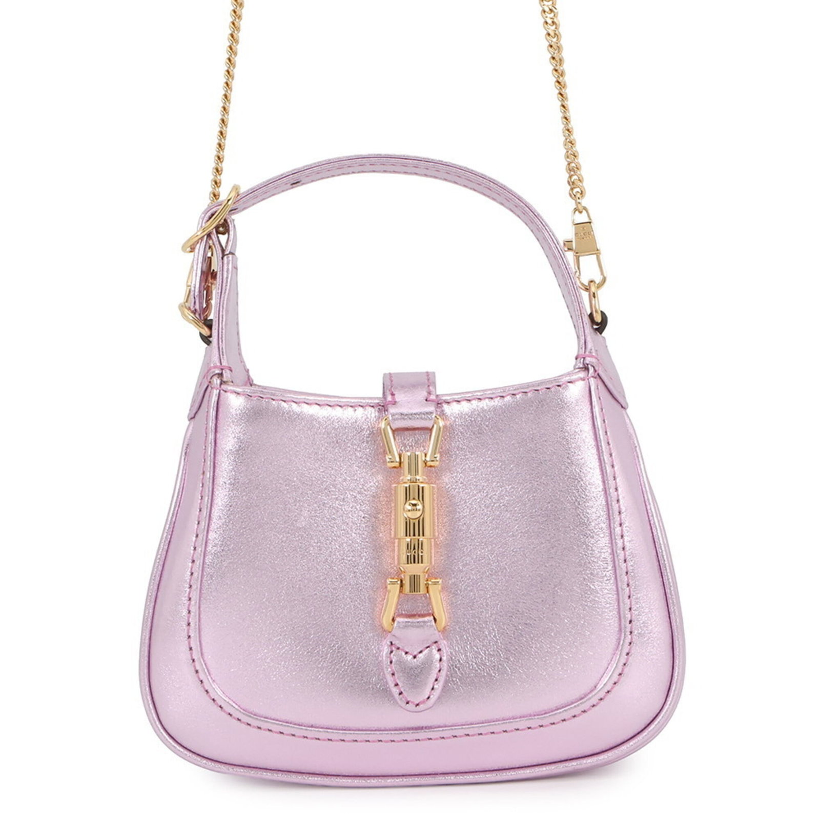 Handbag Leather Gucci: Handbag Leather Gucci This metallic pink Gucci handbag boasts sleek gold hardware and an open closure, showcasing its stylish design. Made from high-quality leather, it measures 10.5cm x 14.5cm x 3cm