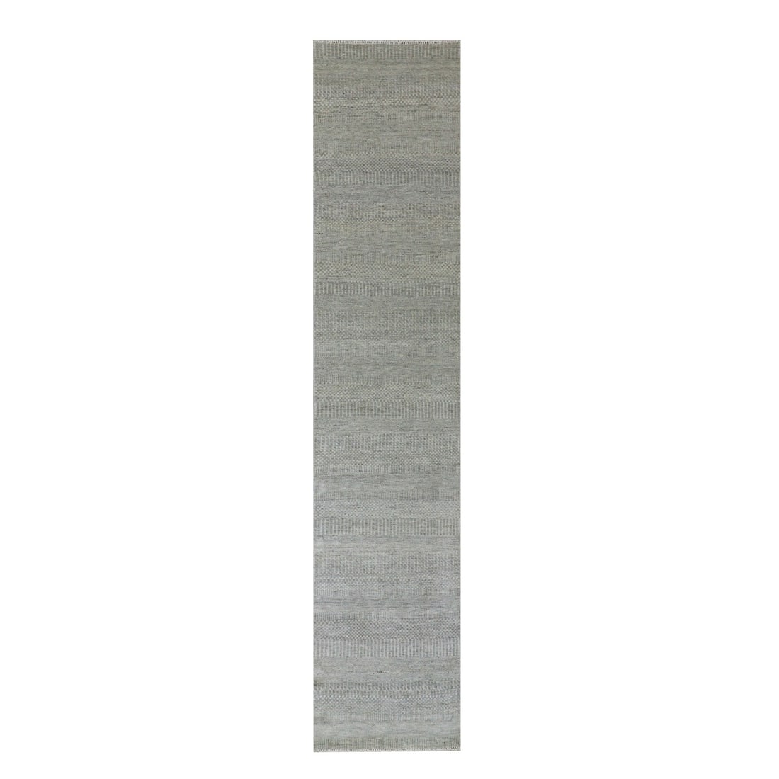 2'6"x12'4" Dorian Gray Grass Design Undyed Wool Hand Knotted Runner Rug: 2'6"x12'4" Dorian Gray Grass Design Undyed Wool Hand Knotted Runner Rug 100% wool, grey in color, and measuring 148 inches long by 30 inches wide, this Dorian Gray Grass Design hand knotted rug