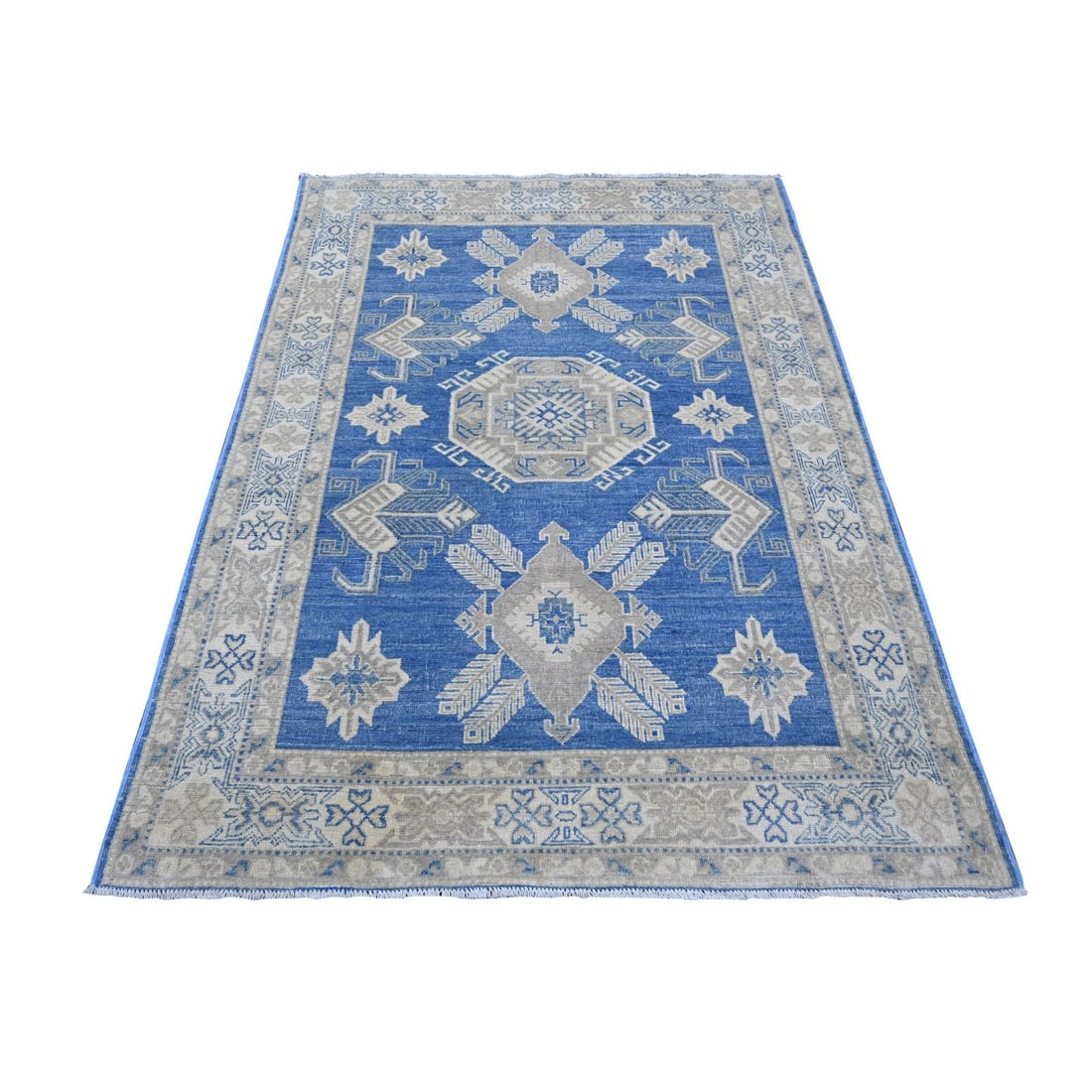 Blue Vintage Geometric Medallions Hand Knotted Wool Kazak 4'9"x6'5: Blue Vintage Geometric Medallions Hand Knotted Wool Kazak 4'9"x6'5 Hand-knotted in wool, this stunning blue vintage geometric medallion Kazak rug boasts a rich, rectangular field with intricate