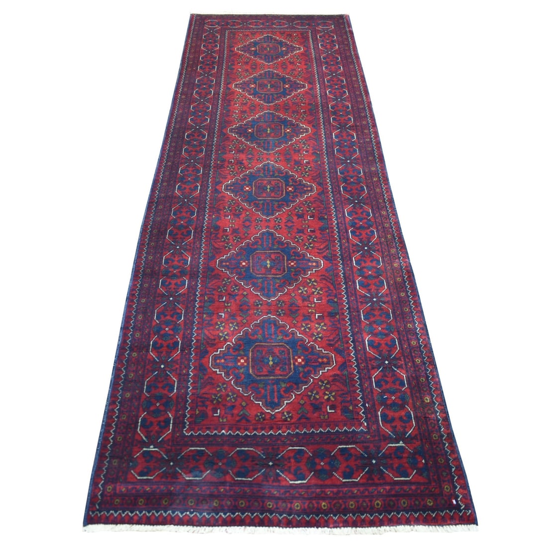 3'x9'10" Red Geometric Design Hand Knotted Afghan Khamyab Runner Rug: 3'x9'10" Red Geometric Design Hand Knotted Afghan Khamyab Runner Rug The vibrant red color and intricate geometric design of this hand-knotted Afghan rug make it a stunning addition to any room. Measu