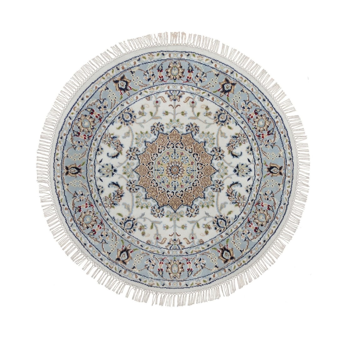 3'3"x3'3" Ivory Hand Knotted Nain 250 KPSI Wool & Silk Round Oriental Rug: 3'3"x3'3" Ivory Hand Knotted Nain 250 KPSI Wool & Silk Round Oriental Rug Hand-knotted with wool and silk, this 3'3"x3'3" round Nain-style rug boasts an ivory medallion pattern on a field of the same 
