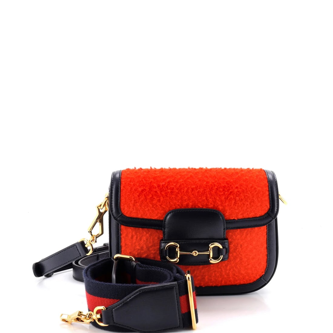 Horsebit Wool Mini Bag 1955 Gucci Shoulder: Horsebit Wool Mini Bag 1955 Gucci Shoulder The Horsebit Wool Mini Bag from Gucci's 1955 collection boasts a striking red exterior made from luxurious wool, complemented by neutral leather interior and