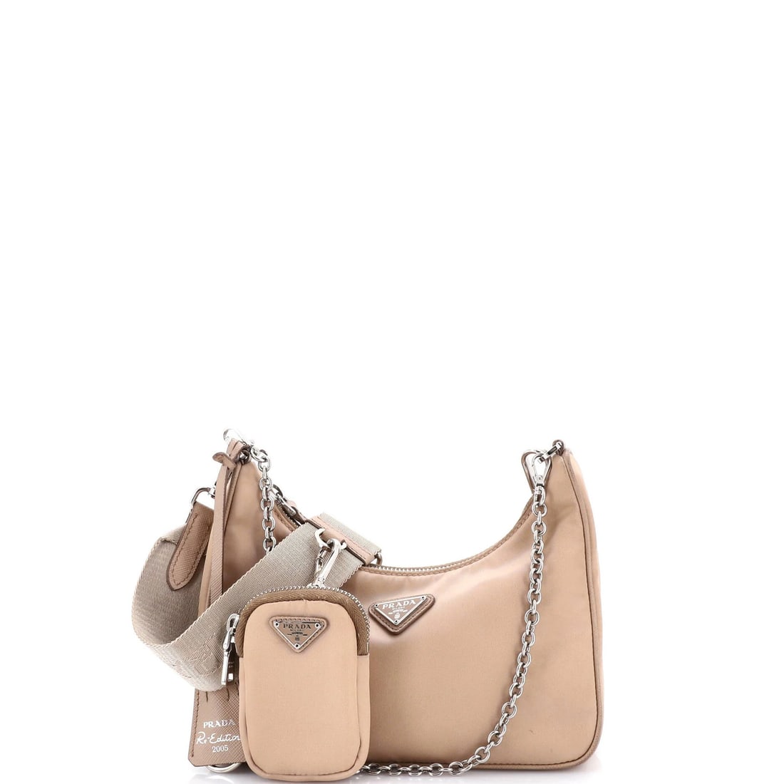 Saffiano Leather Small Re Edition Prada 2005 Shoulder Bag: Saffiano Leather Small Re Edition Prada 2005 Shoulder Bag Saffiano Leather Small Re Edition Prada 2005 Shoulder Bag features neutral exterior color, Saffiano leather construction, and silver