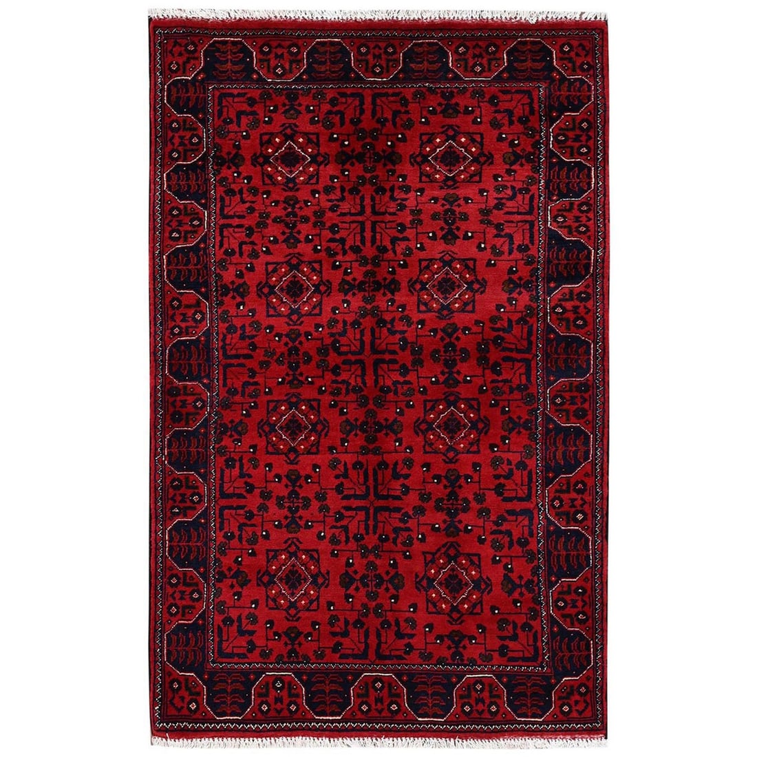 3'1"x5' Red Afghan Andkhoy with Tribal Design Hand Knotted Soft Wool Rug: 3'1"x5' Red Afghan Andkhoy with Tribal Design Hand Knotted Soft Wool Rug Red Afghan Andkhoy rug with vibrant tribal design, hand knotted from soft wool in a rectangular field shape. This stunning