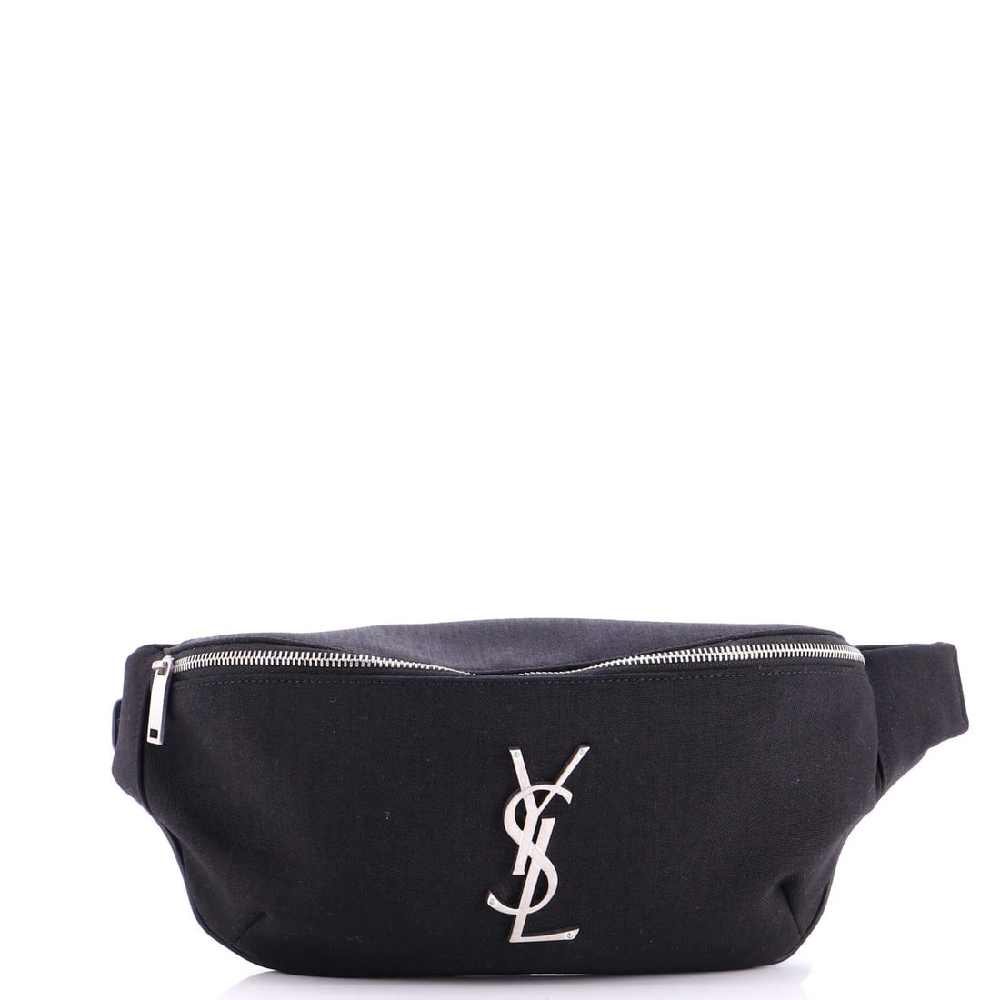 Saint Laurent Classic Monogram Belt Bag Canvas: Saint Laurent Classic Monogram Belt Bag Canvas Canvas bag with classic monogram design, featuring minor scuffs and creases on exterior and interior. The aged silver hardware adds a touch of