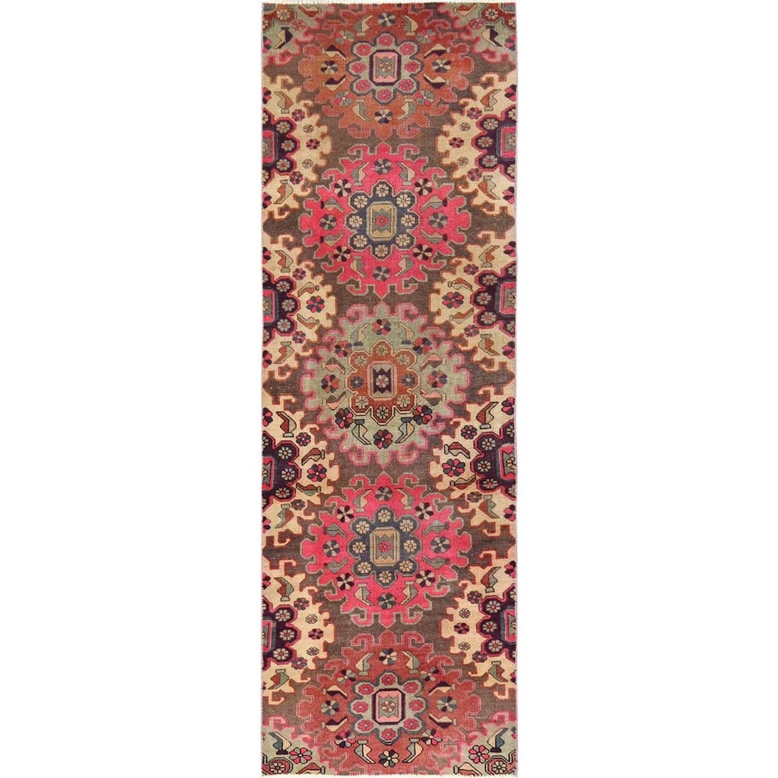 3'x9'5" Brown Vintage Northwest Zoroastrian Wool Hand Knotted Runner Rug: 3'x9'5" Brown Vintage Northwest Zoroastrian Wool Hand Knotted Runner Rug This stunning Brown Vintage Northwest Zoroastrian Wool Hand Knotted Runner Rug boasts intricate floral patterns and a rich, war