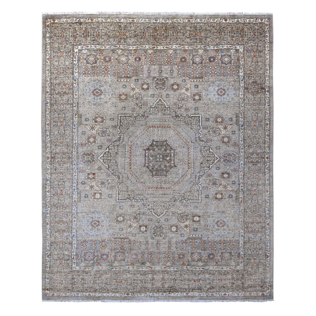8'1"x10' Gray 14th Century Mamluk Dynasty Pattern Wool Hand Knotted Rug: 8'1"x10' Gray 14th Century Mamluk Dynasty Pattern Wool Hand Knotted Rug This stunning 8'1"x10' Gray Mamluk Dynasty Pattern Wool Hand Knotted Rug boasts an intricate, rectangular field design with a