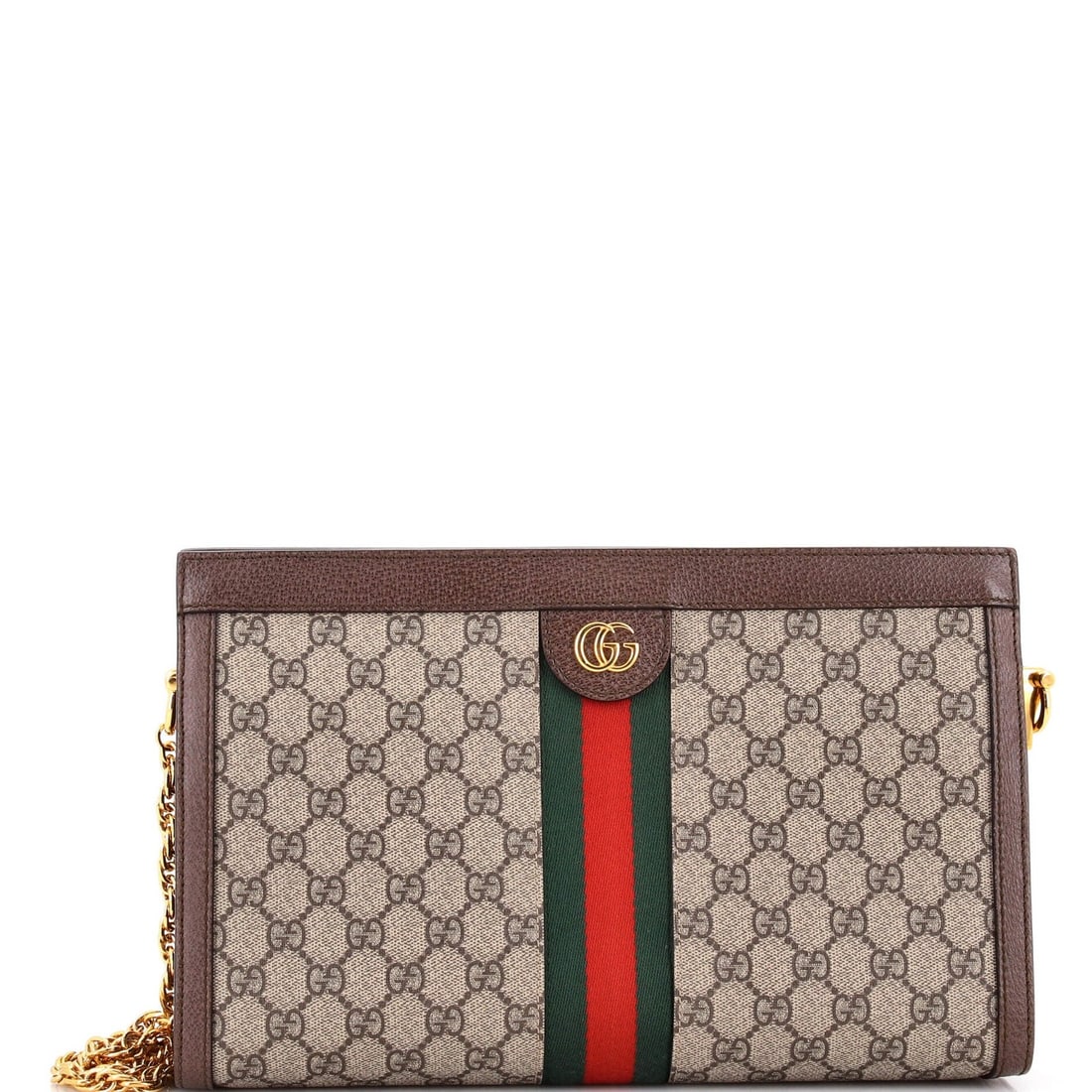 Gucci chain bag medium canvas coated GG: Gucci chain bag medium canvas coated GG Medium canvas coated GG Gucci chain shoulder bag in brown, featuring a classic design with satin blue interior and gold hardware. With its sturdy handle and
