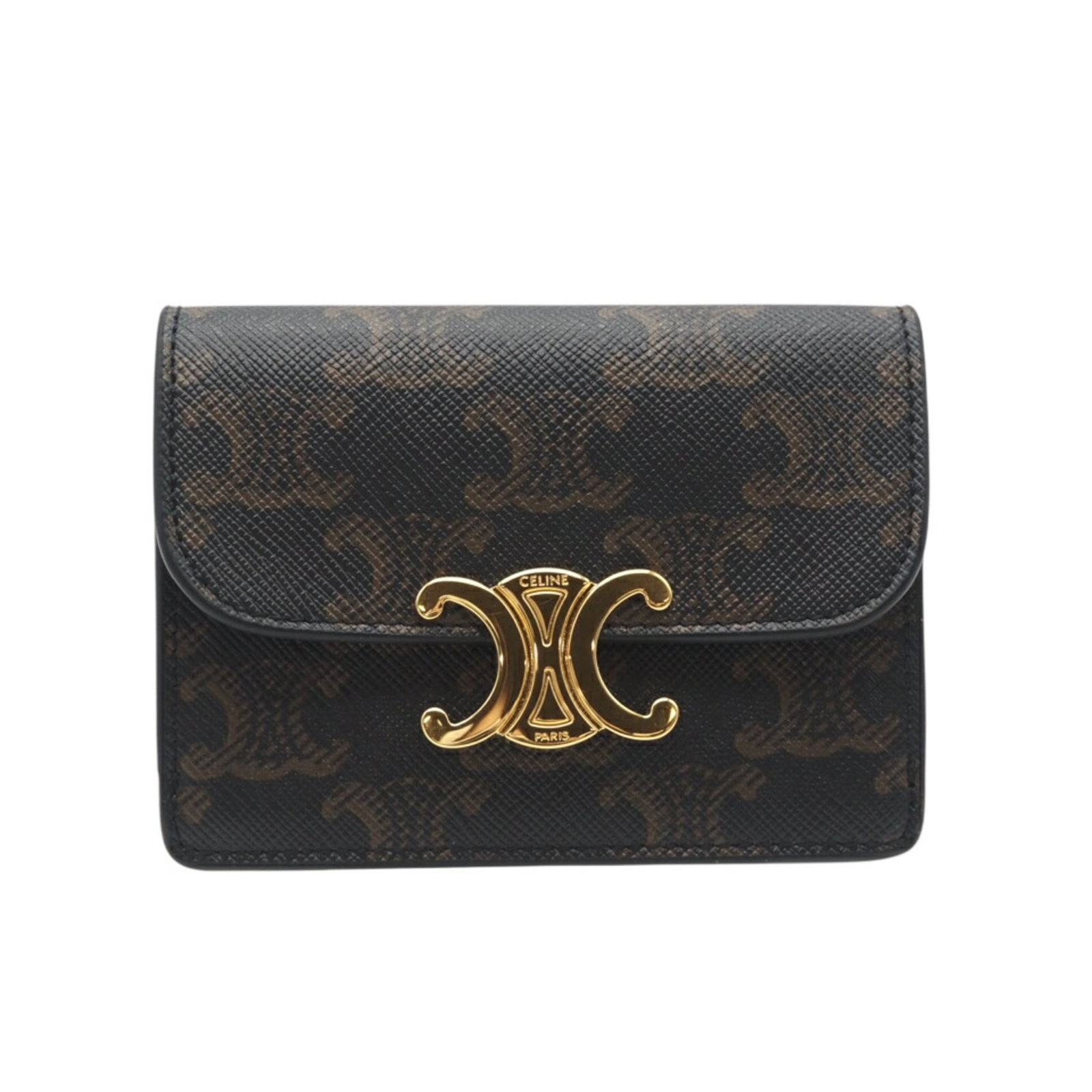 Case Card Celine: Case Card Celine Brown Case Card Celine. This used card case features a brown color, snap fastener closure, and open pocket 2 with a card holder. It has some scratches and dirt but remains in very goo
