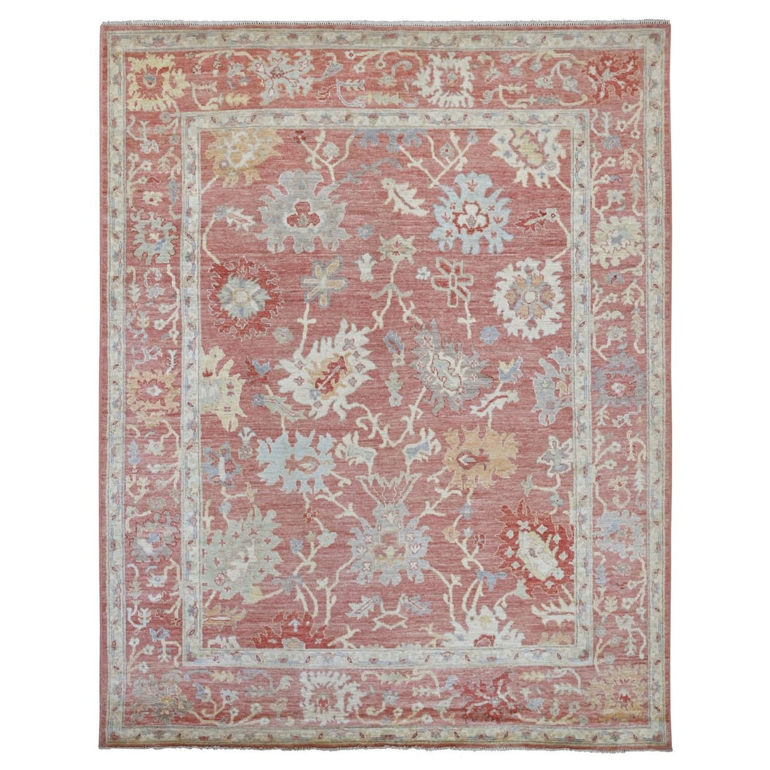 8'x10'2" Rouge Pink Afghan Angora Oushak Hand Knotted Wool Oriental Rug: 8'x10'2" Rouge Pink Afghan Angora Oushak Hand Knotted Wool Oriental Rug 8'x10'2" Rouge Pink Afghan Angora Oushak Hand Knotted Wool Oriental Rug boasts a stunning rectangular field with intricate