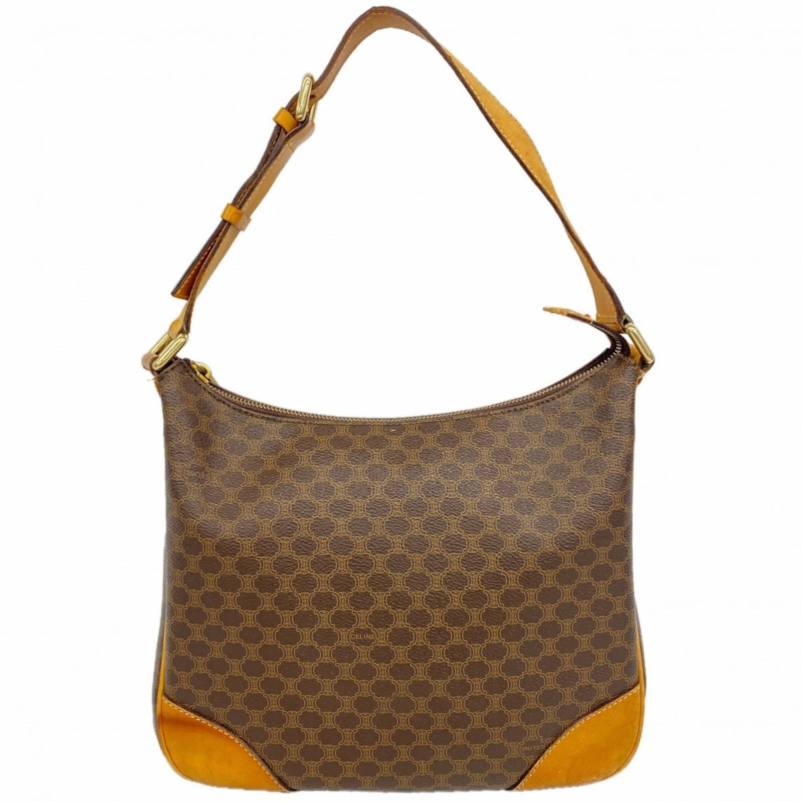 Celine Shoulder Bag Pvc: Celine Shoulder Bag Pvc Brown Celine Pvc Shoulder Bag, 22cm x 27cm x 11cm. This used shoulder bag features gold hardware and a pvc material, with traces of usage visible due to scratches and dirt. In