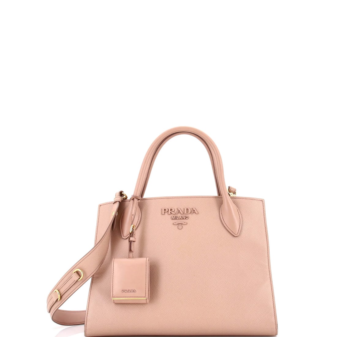 Medium Saffiano Tote Monochrome City Calf Prada: Medium Saffiano Tote Monochrome City Calf Prada Medium Saffiano Tote Monochrome City Calf Prada features a neutral exterior with minor creases, scuffs, and edge wear. This medium-sized tote boasts a s