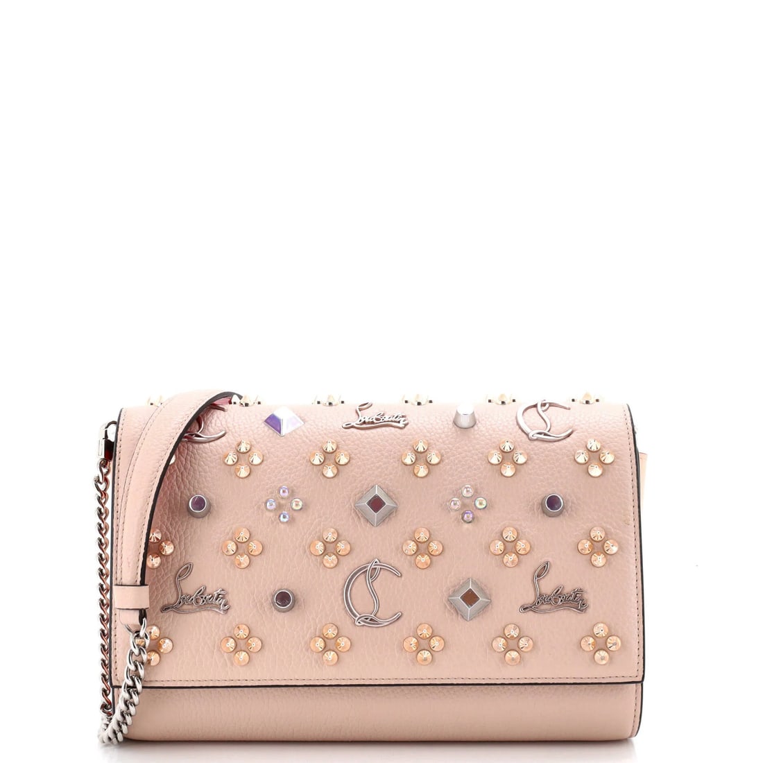 Christian Louboutin Paloma Leather Small Clutch Embellished: Christian Louboutin Paloma Leather Small Clutch Embellished Pink leather exterior with red interior, adorned with embellishments. This small clutch features a silver strap and measures 6" in height,