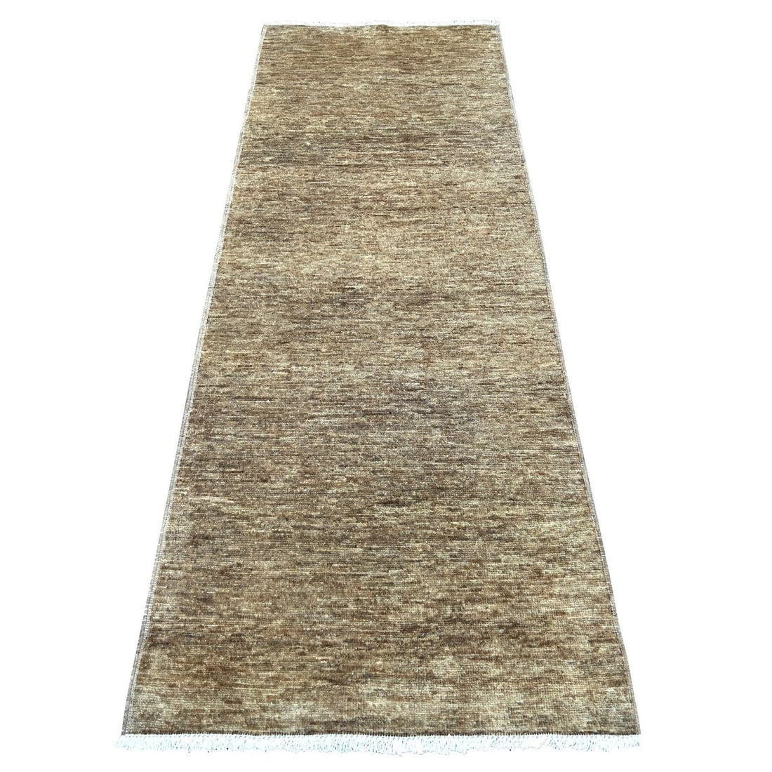 Brown Pattern Solid Hand Knotted Ghazni Wool Runner Rug 2'8"x7'4: Brown Pattern Solid Hand Knotted Ghazni Wool Runner Rug 2'8"x7'4 The Brown Pattern Solid Hand Knotted Ghazni Wool Runner Rug boasts a timeless, modern design with its solid brown color and