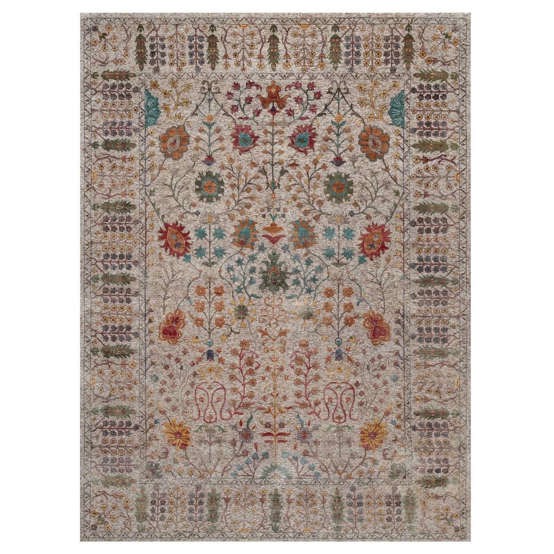 9'x12'2" Ivory Hand Knotted Silk with Textured Wool Vase Design Rug: 9'x12'2" Ivory Hand Knotted Silk with Textured Wool Vase Design Rug Ivory silk and textured wool come together in a stunning floral design, creating a unique and eye-catching vase-style rug.