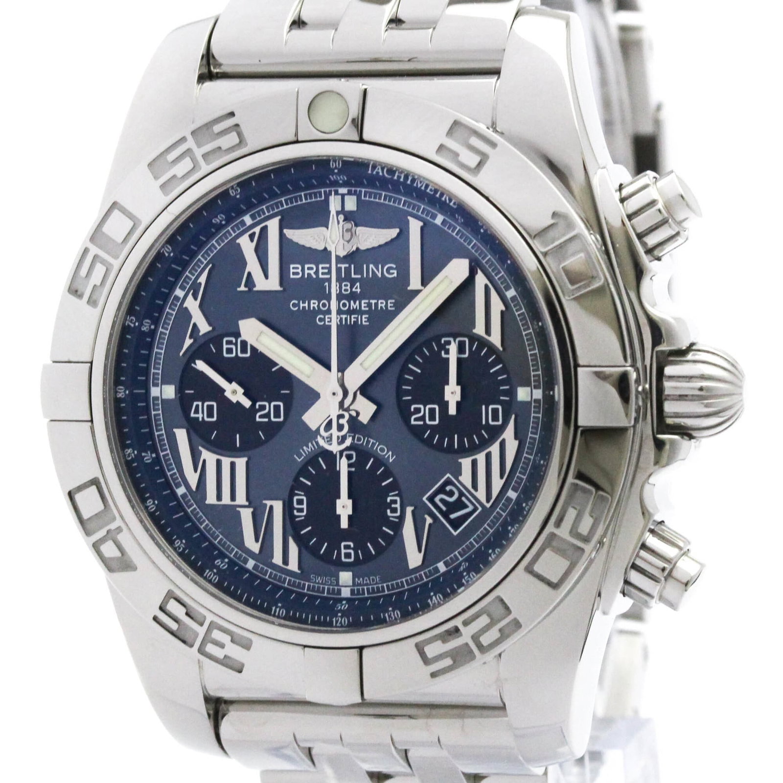 Breitling Wristwatch: Breitling Wristwatch Stainless steel case and band, the Breitling wristwatch boasts a sleek design with a blue shell dial. Measuring 44mm in diameter, this sporty timepiece has been well-cared for,