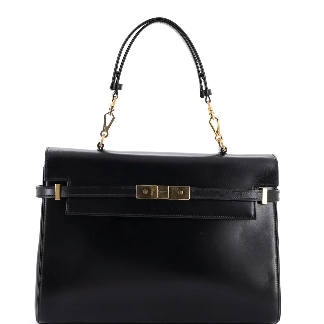 Saint Laurent Manhattan Top Handle Flap Bag Leather Medium: Saint Laurent Manhattan Top Handle Flap Bag Leather Medium Black leather medium-sized top handle flap bag with gold hardware, featuring a detachable strap and minor scuffs on exterior. The interior