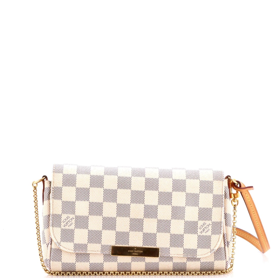 Vuitton Handbag Louis Damier Favorite: Vuitton Handbag Louis Damier Favorite White canvas coated Louis Vuitton Favorite Handbag in Damier PM, featuring a classic cross body design with gold hardware. The bag showcases minor discoloration a