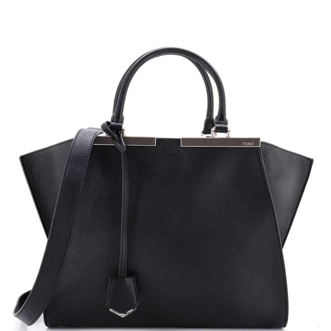 Fendi Petite 3Jours Bag Leather: Fendi Petite 3Jours Bag Leather The Fendi Petite 3Jours Bag Leather boasts sleek, all-black design with silver hardware, complemented by a white interior. Measuring 9" tall and 12" wide, this petite b