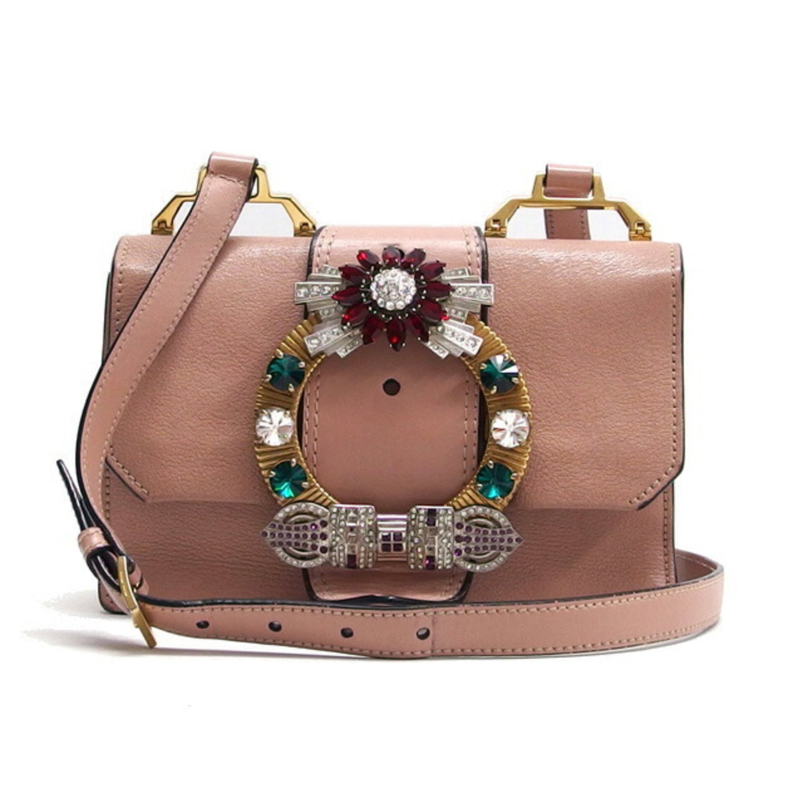 Shoulder Bag Leather Rhinestone Miu: Shoulder Bag Leather Rhinestone Miu Leather and rhinestone details come together in this Miu Miu shoulder bag, featuring clear, green, light pink, purple, and red accents. The bag's condition shows