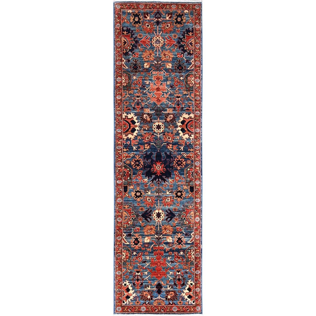 2'8"x10' Blue Heris All Over Design Soft Wool Hand Knotted Runner Rug: 2'8"x10' Blue Heris All Over Design Soft Wool Hand Knotted Runner Rug Softly glowing blue hues dominate the entire surface of this stunning hand-knotted wool runner rug, crafted with intricate all-ove