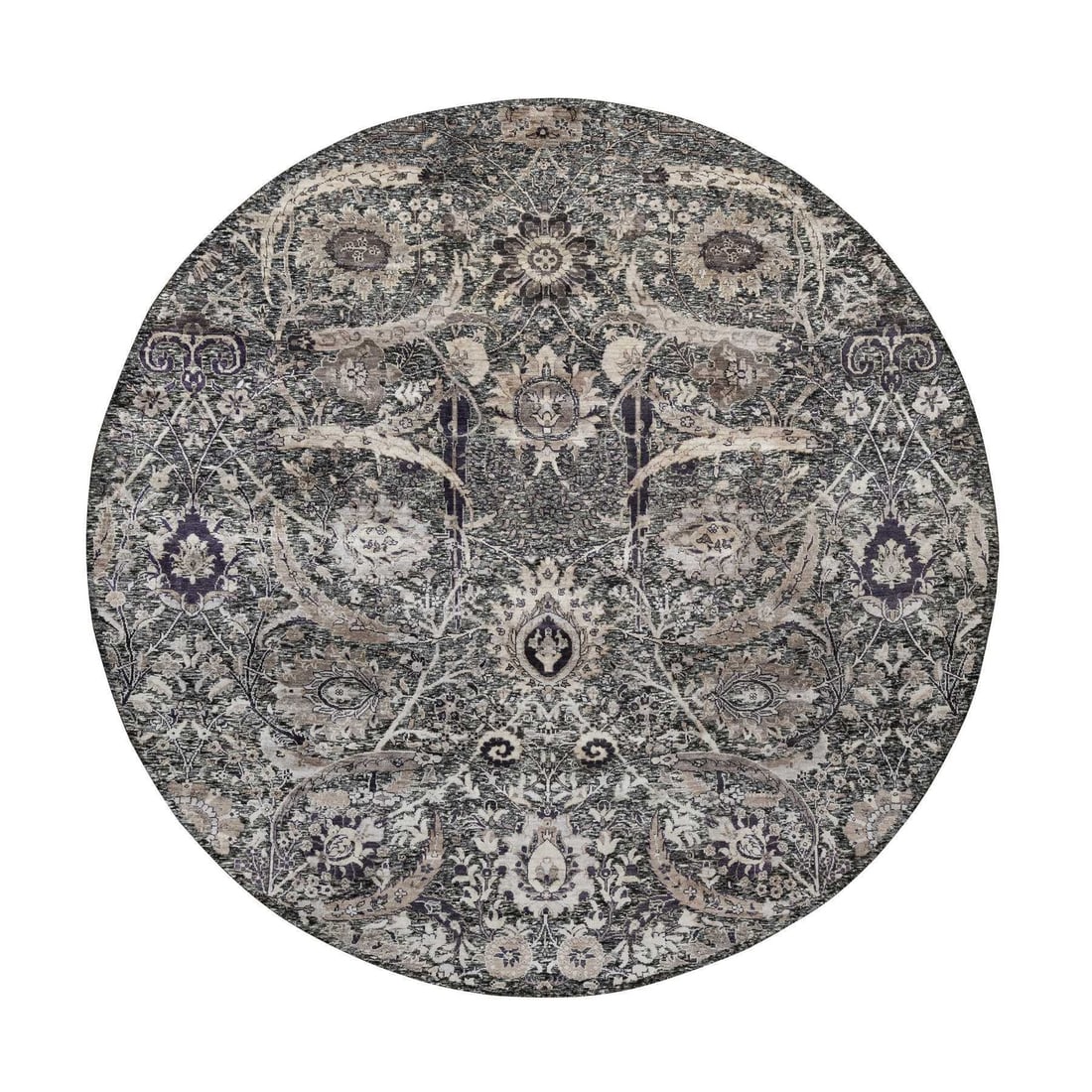 10'x10' Brown Wool and Silk Hand Knotted Sickle Leaf Round Oriental Rug: 10'x10' Brown Wool and Silk Hand Knotted Sickle Leaf Round Oriental Rug Brown Wool and Silk Hand Knotted Sickle Leaf Round Oriental Rug, measuring 10'x10', boasts an intricate design featuring a rich