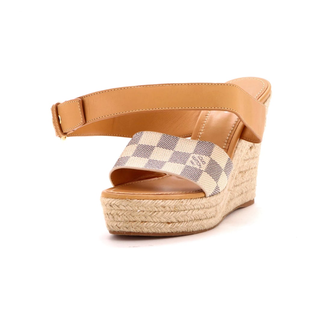 Damier starboard wedge sandals women's Louis Vuitton: Damier starboard wedge sandals women's Louis Vuitton Canvas Coated Damier starboard wedge sandals with gold hardware and neutral interior, featuring a classic Louis Vuitton design. Minor creases and f