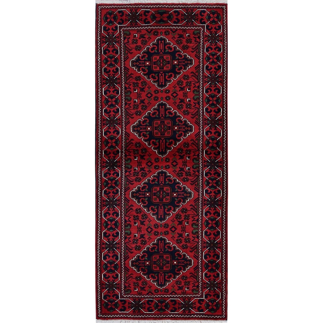 2'4"x5'8" Red Afghan Khamyab Geometric Pattern Wool Hand Knotted Runner Rug: 2'4"x5'8" Red Afghan Khamyab Geometric Pattern Wool Hand Knotted Runner Rug Red Afghan Khamyab Geometric Pattern Wool Hand Knotted Runner Rug, measuring 68" x 28", boasts a vibrant red color and